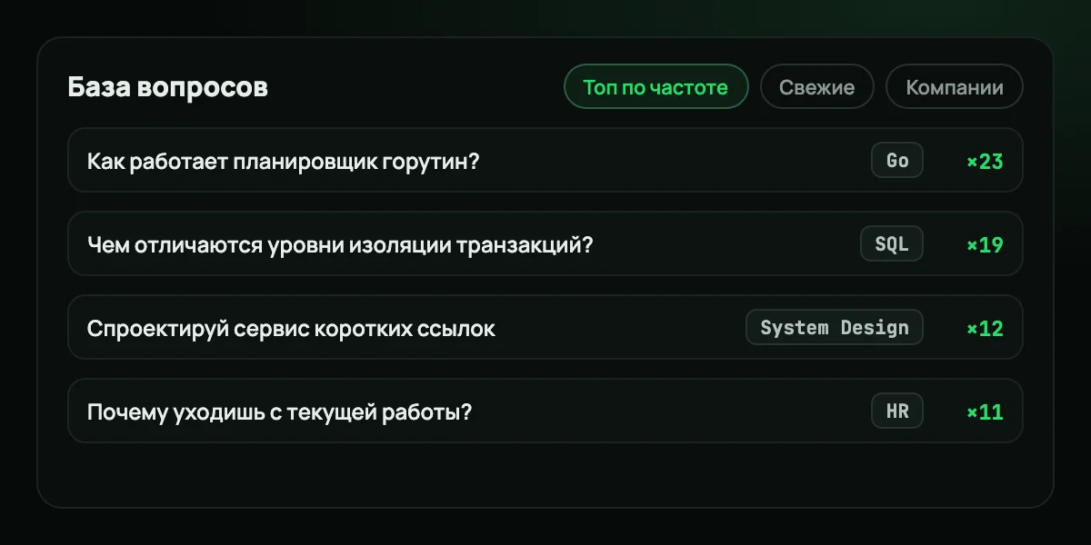 База вопросов с собесов: топ по частоте, теги Go, SQL, System Design, HR